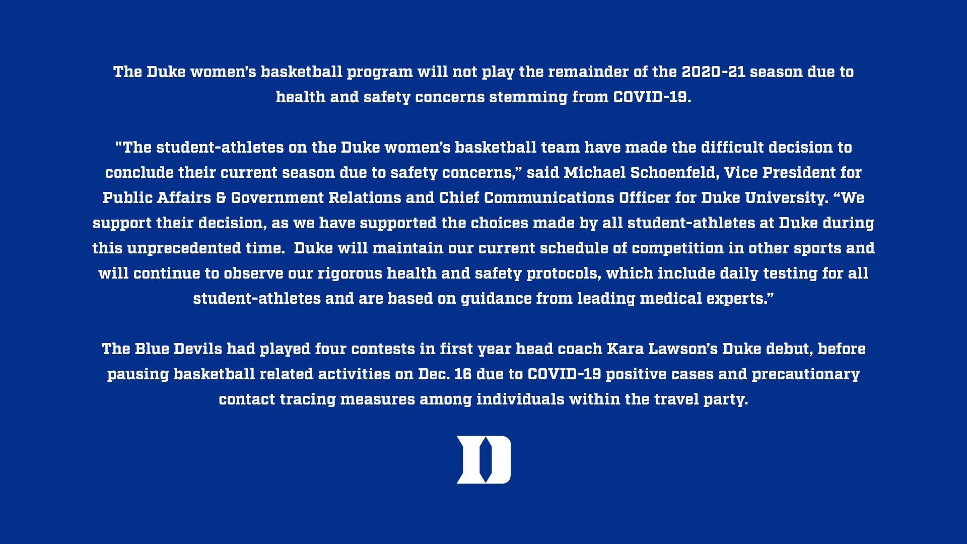 Women's Hoop Dirt Duke shuts down women's basketball for remainder of